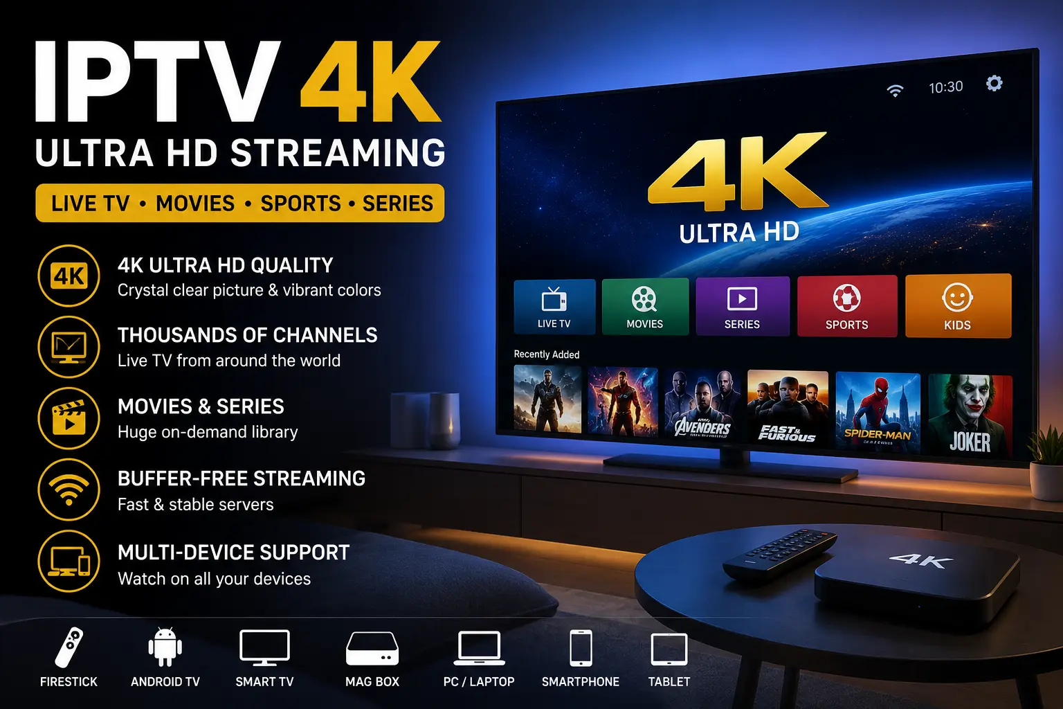 IPTV service streaming live TV and on-demand video in HD and 4K across a smart TV, Firestick, and phone